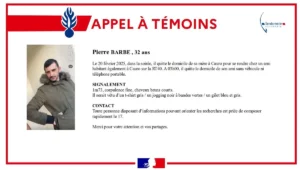 Appel à témoin de la gendarmerie de Corse après la disparition de Pierre Barbe, 32 ans, à Cauro