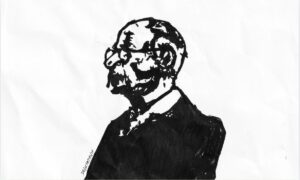 Dessin de Joël Le Scouarnec lors de son premier procès à Saintes en 2020. © LE FACTUEL - DB/LF