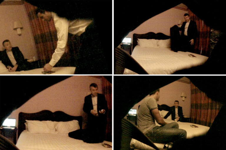 Extraits de la vidéo enregistrée dans la chambre d’hôtel avec Gilles Artigues (en costume), Samy Kéfi-Jérôme (chemise blanche) et l’escort (T-shirt gris). © Document Mediapart / DR