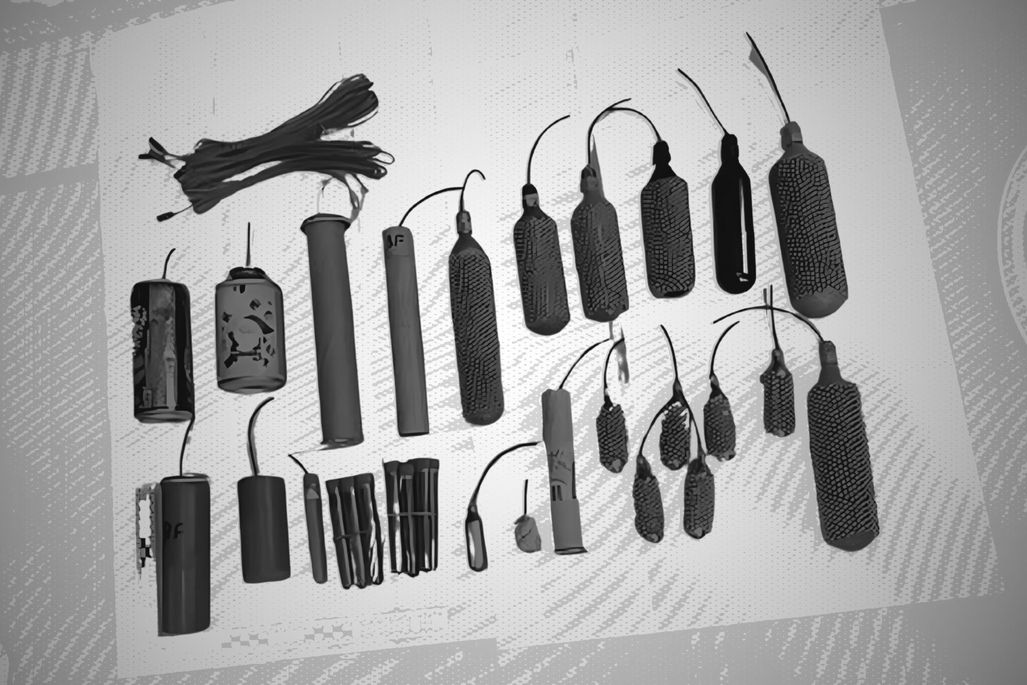 Une partie des engins explosifs artisanaux retrouvés chez l’ex-militaire. © MONTAGE DÉCHIFFREUR À PARTIR D’UN DOCUMENT FOURNI PAR LE PARQUET DE BORDEAUX