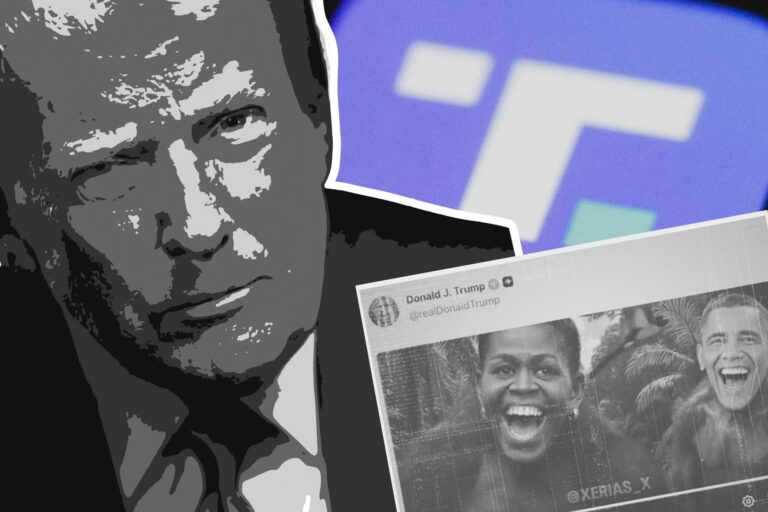 Capture d'écran de la vidéo raciste partagée par Donald Trump sur son réseau social © Montage Déchiffreur avec TRUTH SOCIAL et Daniel Torok (White House)